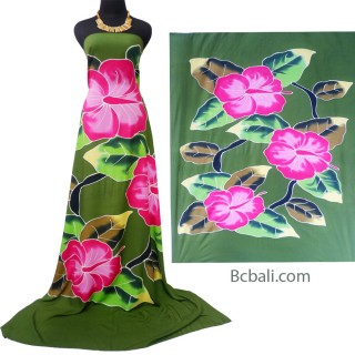 rayon sarong handpainting green tropical flower made in bali